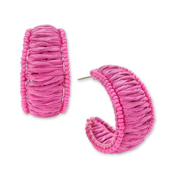 On 34th Silver-Tone Medium Color Seed Bead & Raffia C-Hoop Earrings, 1.25" Pink - Picture 1 of 6